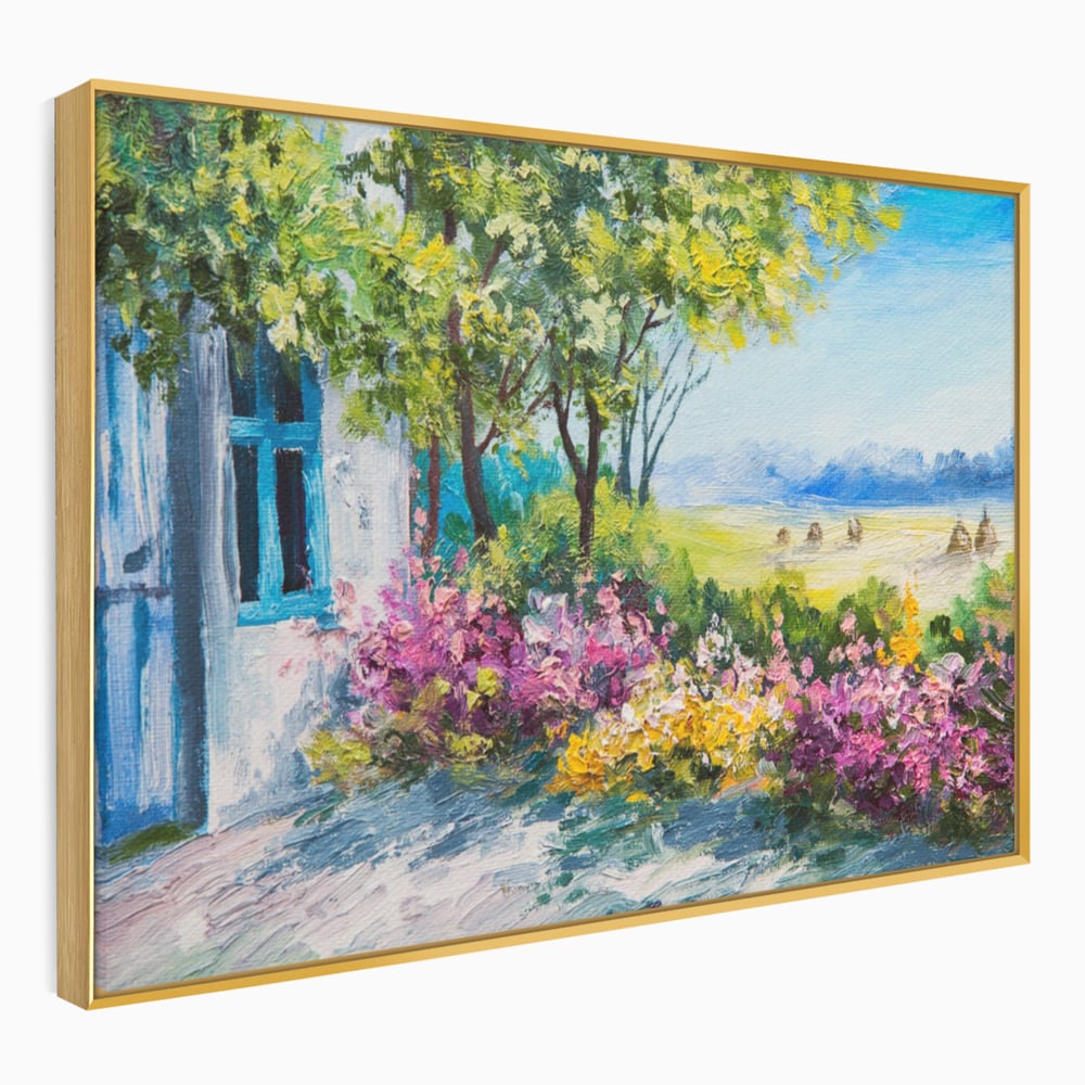 Tablou Canvas Premium LuxCanva® A1243, Casuta Albastra , Decorativ, Living, Flori, Casa, Peisaj, Copac, Dormitor, Culori Vibrante