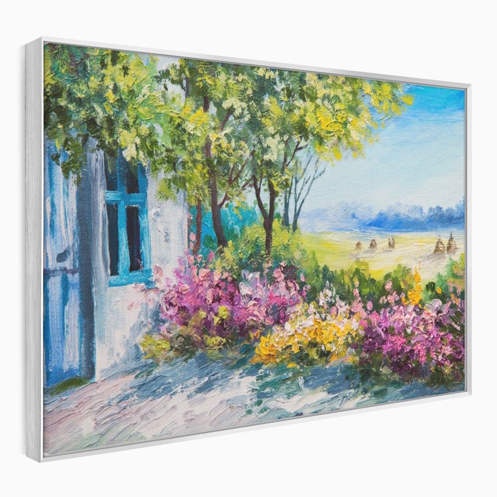 Tablou Canvas Premium LuxCanva® A1243, Casuta Albastra , Decorativ, Living, Flori, Casa, Peisaj, Copac, Dormitor, Culori Vibrante