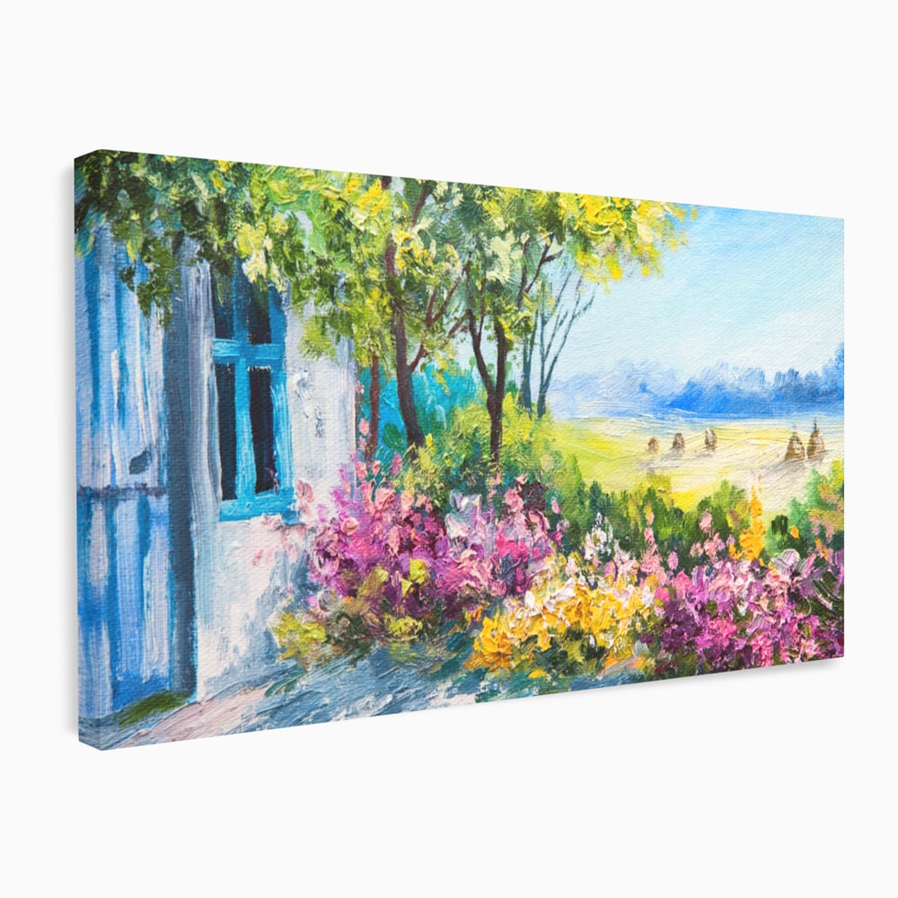 Tablou Canvas Premium LuxCanva® A1243, Casuta Albastra , Decorativ, Living, Flori, Casa, Peisaj, Copac, Dormitor, Culori Vibrante