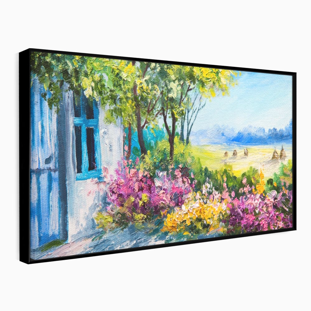 Tablou Canvas Premium LuxCanva® A1243, Casuta Albastra , Decorativ, Living, Flori, Casa, Peisaj, Copac, Dormitor, Culori Vibrante