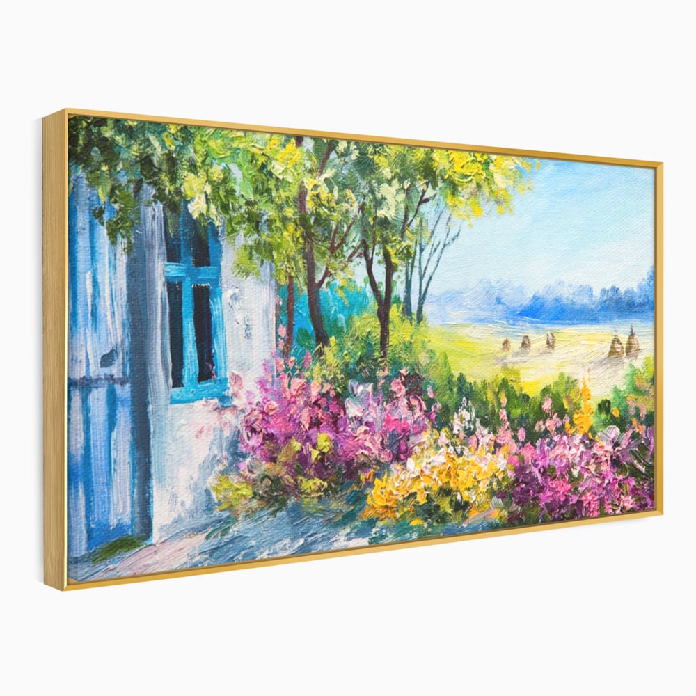 Tablou Canvas Premium LuxCanva® A1243, Casuta Albastra , Decorativ, Living, Flori, Casa, Peisaj, Copac, Dormitor, Culori Vibrante