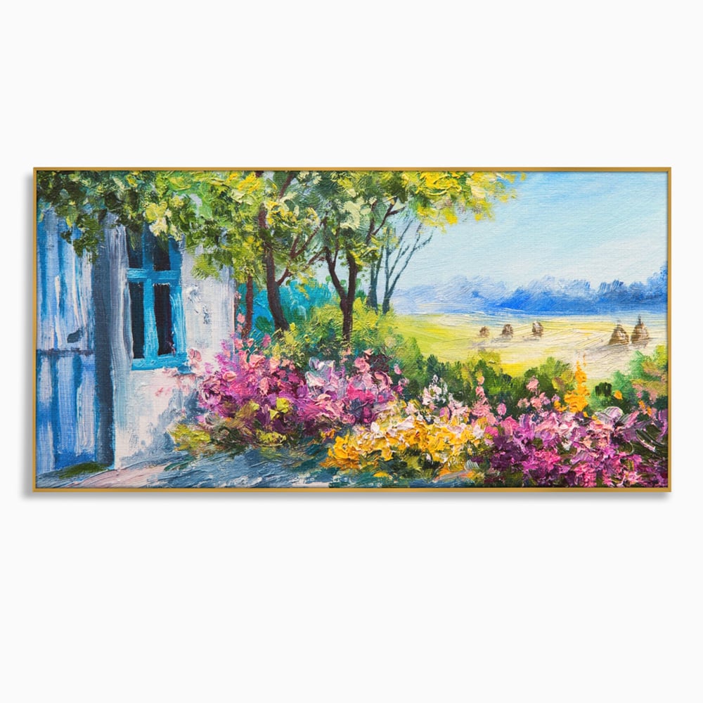 Tablou Canvas Premium LuxCanva® A1243, Casuta Albastra , Decorativ, Living, Flori, Casa, Peisaj, Copac, Dormitor, Culori Vibrante
