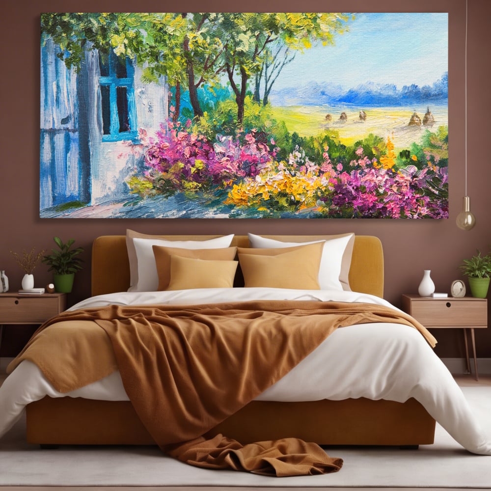 Tablou Canvas Premium LuxCanva® A1243, Casuta Albastra , Decorativ, Living, Flori, Casa, Peisaj, Copac, Dormitor, Culori Vibrante