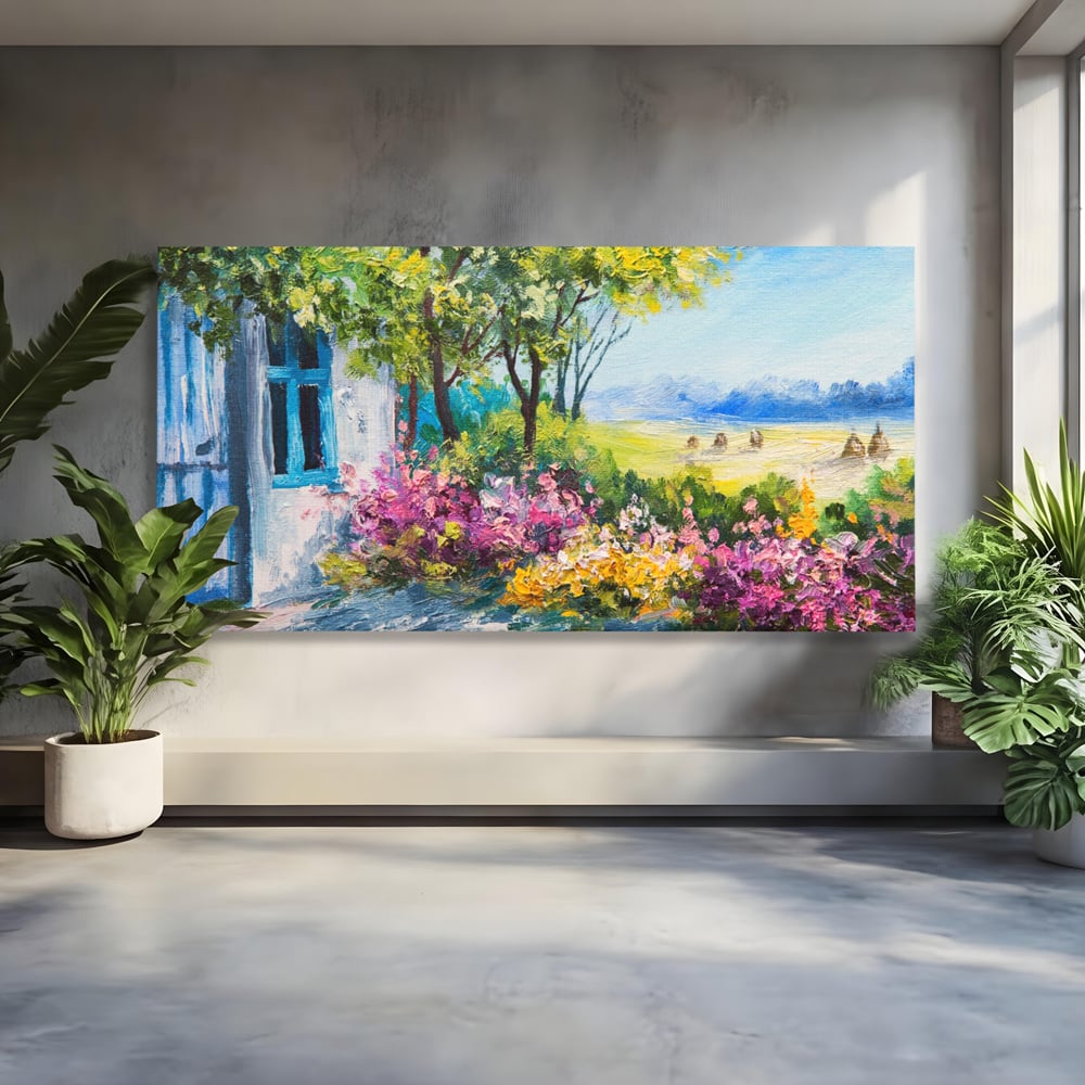 Tablou Canvas Premium LuxCanva® A1243, Casuta Albastra , Decorativ, Living, Flori, Casa, Peisaj, Copac, Dormitor, Culori Vibrante