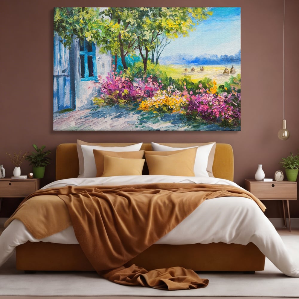 Tablou Canvas Premium LuxCanva® A1243, Casuta Albastra , Decorativ, Living, Flori, Casa, Peisaj, Copac, Dormitor, Culori Vibrante