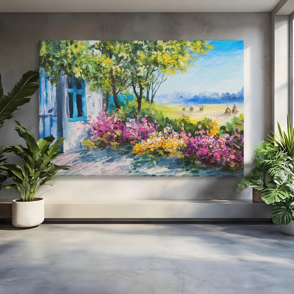 Tablou Canvas Premium LuxCanva® A1243, Casuta Albastra , Decorativ, Living, Flori, Casa, Peisaj, Copac, Dormitor, Culori Vibrante