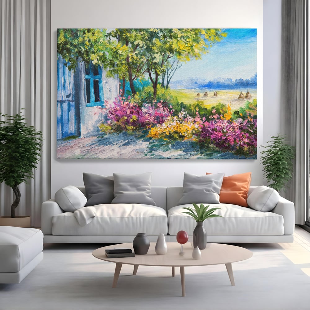 Tablou Canvas Premium LuxCanva® A1243, Casuta Albastra , Decorativ, Living, Flori, Casa, Peisaj, Copac, Dormitor, Culori Vibrante