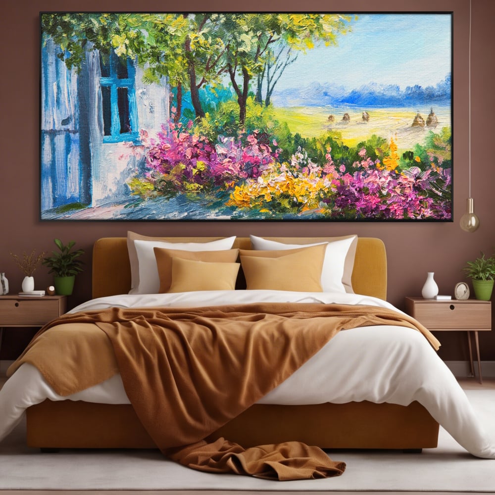 Tablou Canvas Premium LuxCanva® A1243, Casuta Albastra , Decorativ, Living, Flori, Casa, Peisaj, Copac, Dormitor, Culori Vibrante