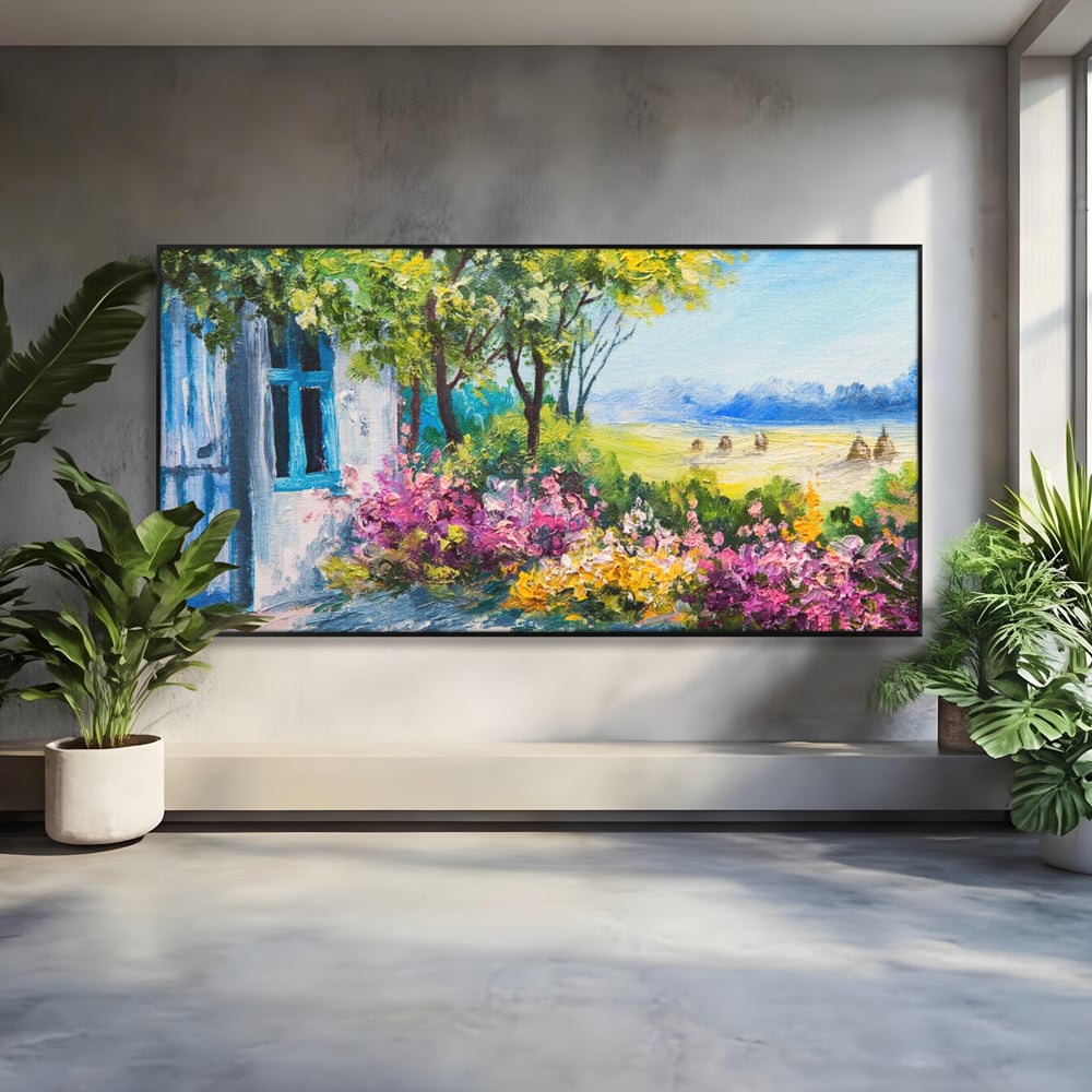 Tablou Canvas Premium LuxCanva® A1243, Casuta Albastra , Decorativ, Living, Flori, Casa, Peisaj, Copac, Dormitor, Culori Vibrante