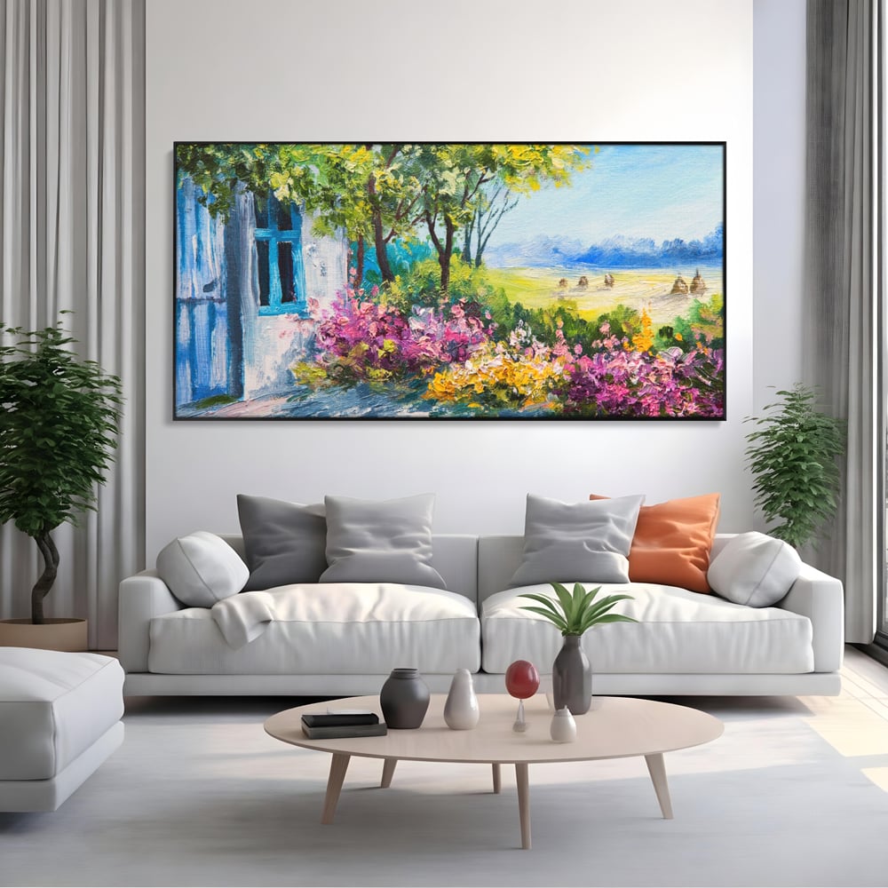 Tablou Canvas Premium LuxCanva® A1243, Casuta Albastra , Decorativ, Living, Flori, Casa, Peisaj, Copac, Dormitor, Culori Vibrante