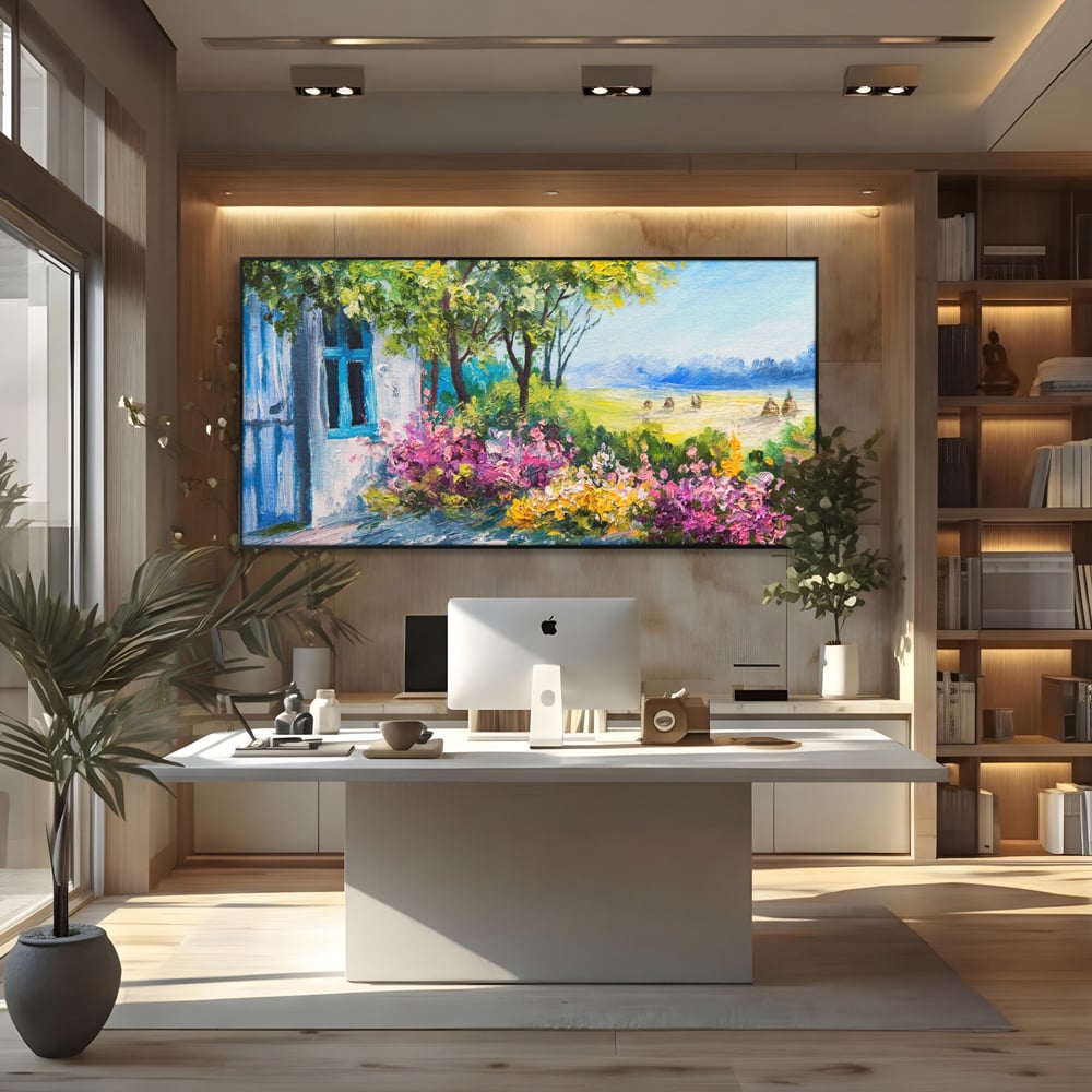 Tablou Canvas Premium LuxCanva® A1243, Casuta Albastra , Decorativ, Living, Flori, Casa, Peisaj, Copac, Dormitor, Culori Vibrante
