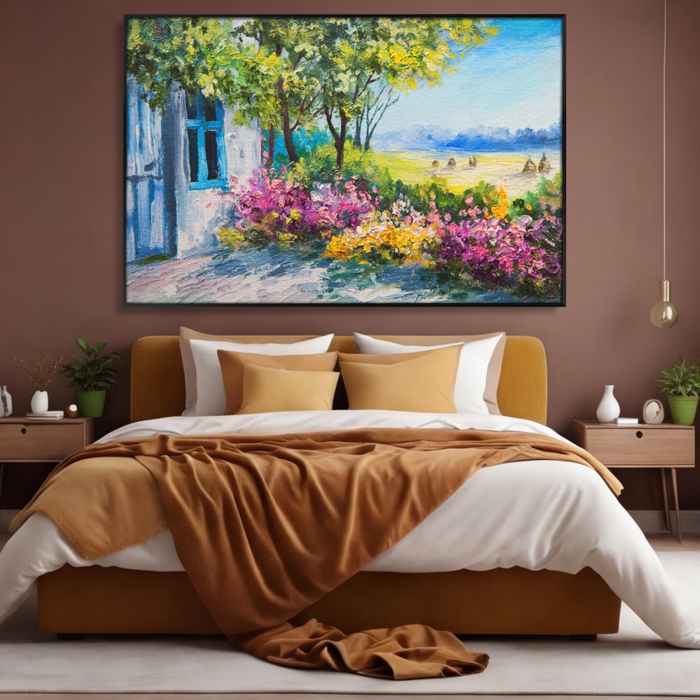 Tablou Canvas Premium LuxCanva® A1243, Casuta Albastra , Decorativ, Living, Flori, Casa, Peisaj, Copac, Dormitor, Culori Vibrante