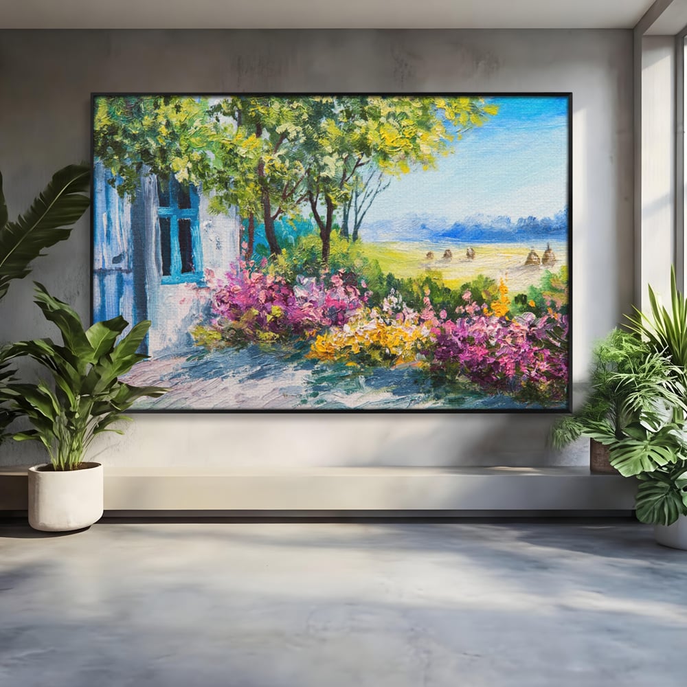 Tablou Canvas Premium LuxCanva® A1243, Casuta Albastra , Decorativ, Living, Flori, Casa, Peisaj, Copac, Dormitor, Culori Vibrante