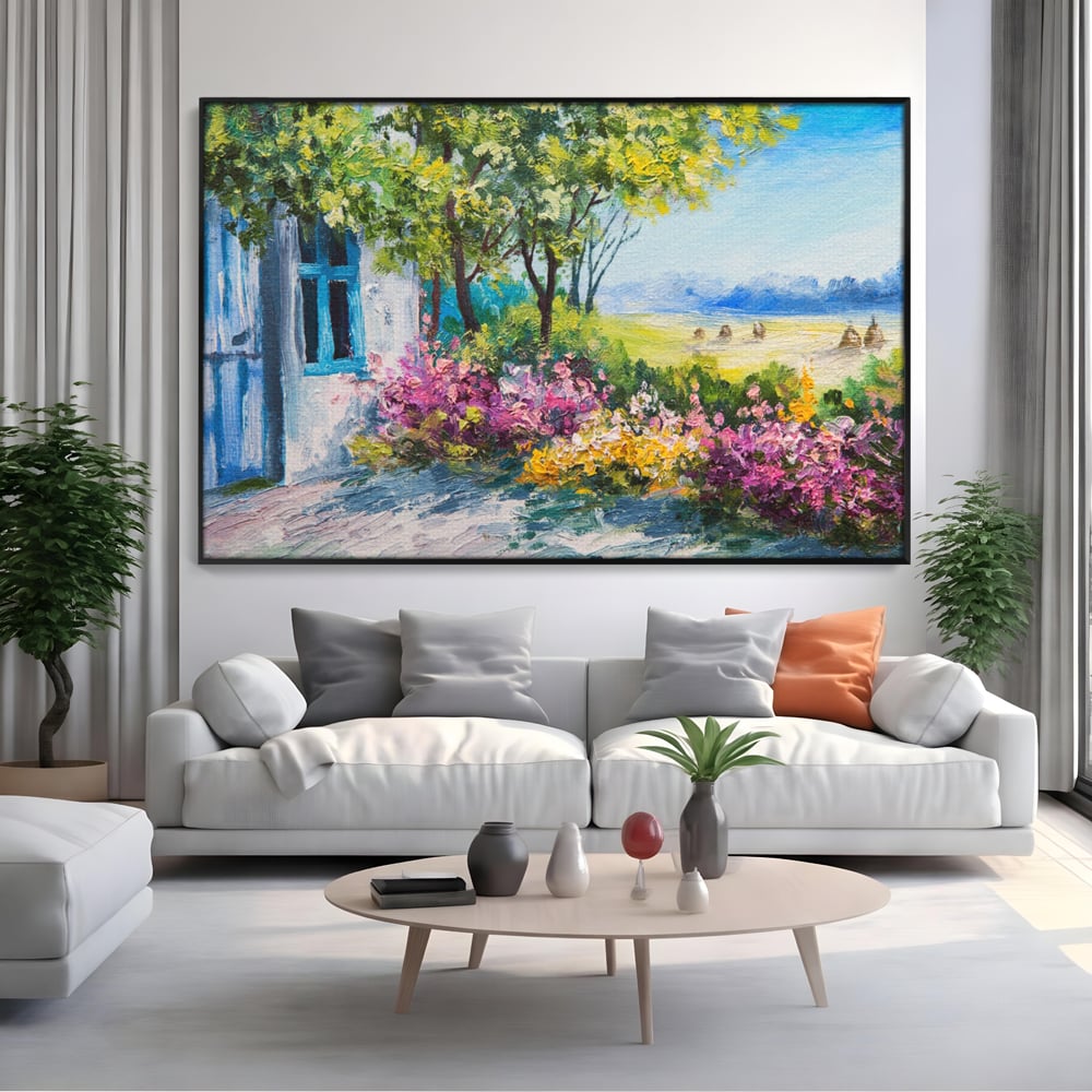 Tablou Canvas Premium LuxCanva® A1243, Casuta Albastra , Decorativ, Living, Flori, Casa, Peisaj, Copac, Dormitor, Culori Vibrante