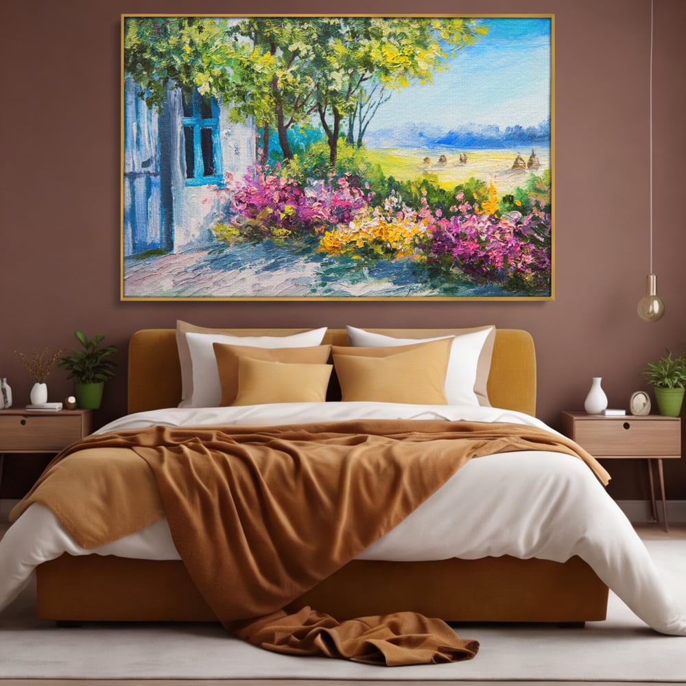 Tablou Canvas Premium LuxCanva® A1243, Casuta Albastra , Decorativ, Living, Flori, Casa, Peisaj, Copac, Dormitor, Culori Vibrante