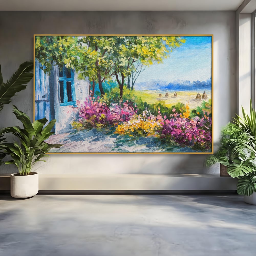 Tablou Canvas Premium LuxCanva® A1243, Casuta Albastra , Decorativ, Living, Flori, Casa, Peisaj, Copac, Dormitor, Culori Vibrante