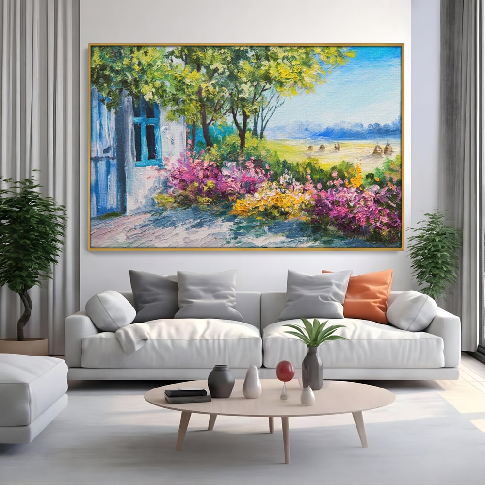 Tablou Canvas Premium LuxCanva® A1243, Casuta Albastra , Decorativ, Living, Flori, Casa, Peisaj, Copac, Dormitor, Culori Vibrante