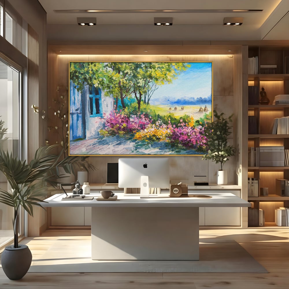 Tablou Canvas Premium LuxCanva® A1243, Casuta Albastra , Decorativ, Living, Flori, Casa, Peisaj, Copac, Dormitor, Culori Vibrante