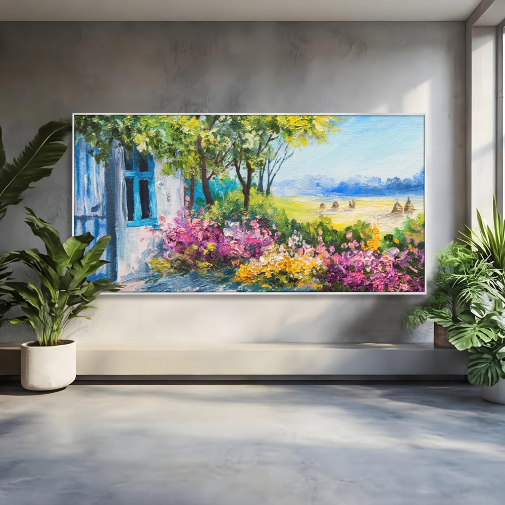 Tablou Canvas Premium LuxCanva® A1243, Casuta Albastra , Decorativ, Living, Flori, Casa, Peisaj, Copac, Dormitor, Culori Vibrante