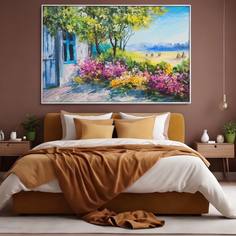 Tablou Canvas Premium LuxCanva® A1243, Casuta Albastra , Decorativ, Living, Flori, Casa, Peisaj, Copac, Dormitor, Culori Vibrante