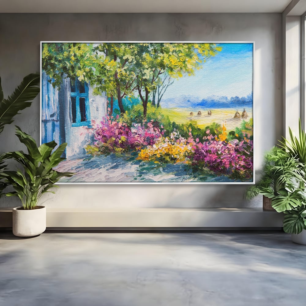 Tablou Canvas Premium LuxCanva® A1243, Casuta Albastra , Decorativ, Living, Flori, Casa, Peisaj, Copac, Dormitor, Culori Vibrante