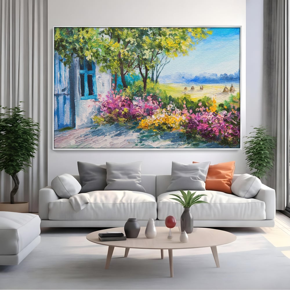 Tablou Canvas Premium LuxCanva® A1243, Casuta Albastra , Decorativ, Living, Flori, Casa, Peisaj, Copac, Dormitor, Culori Vibrante
