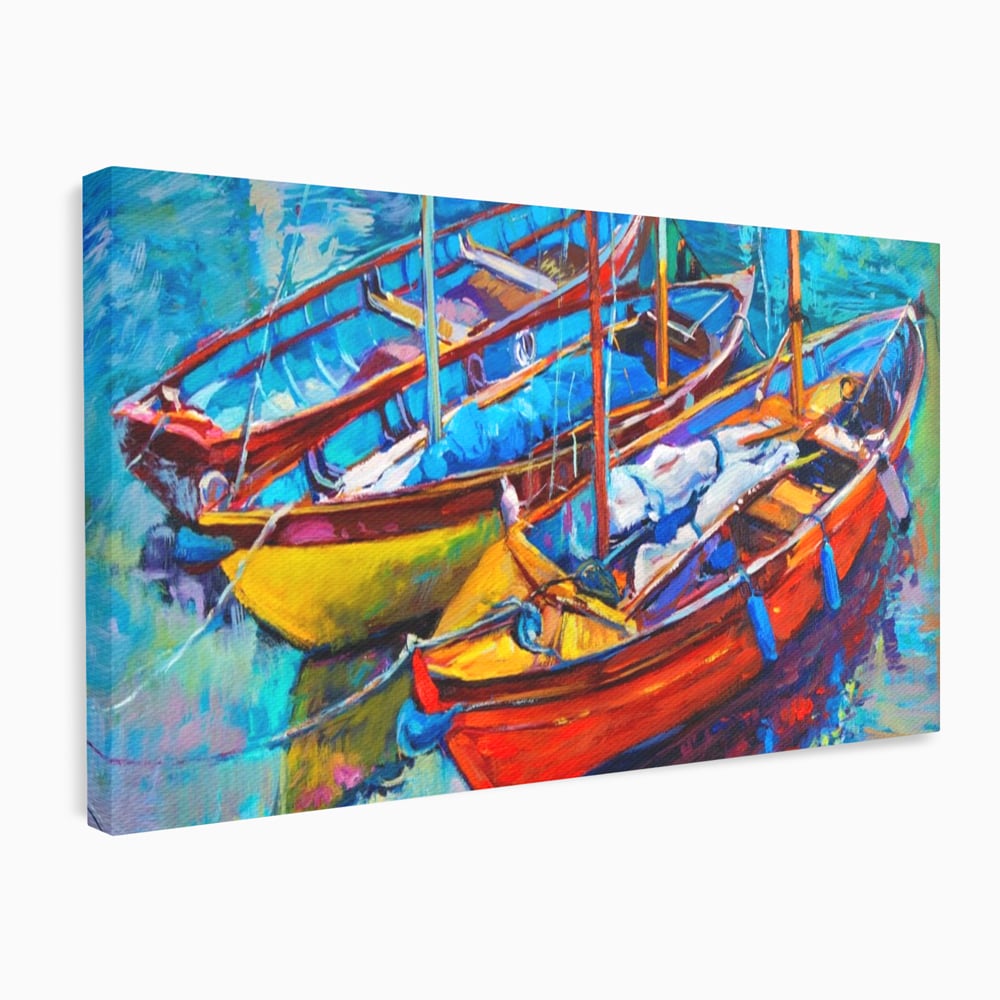 Leinwand Wandkunst Leinwand Wandkunst LuxCanva® A1245, 3 Boote , Dekorativ, Wohnen, Meer, Meer, Boot, Hafen, Schlafzimmer, Lebendige Farben