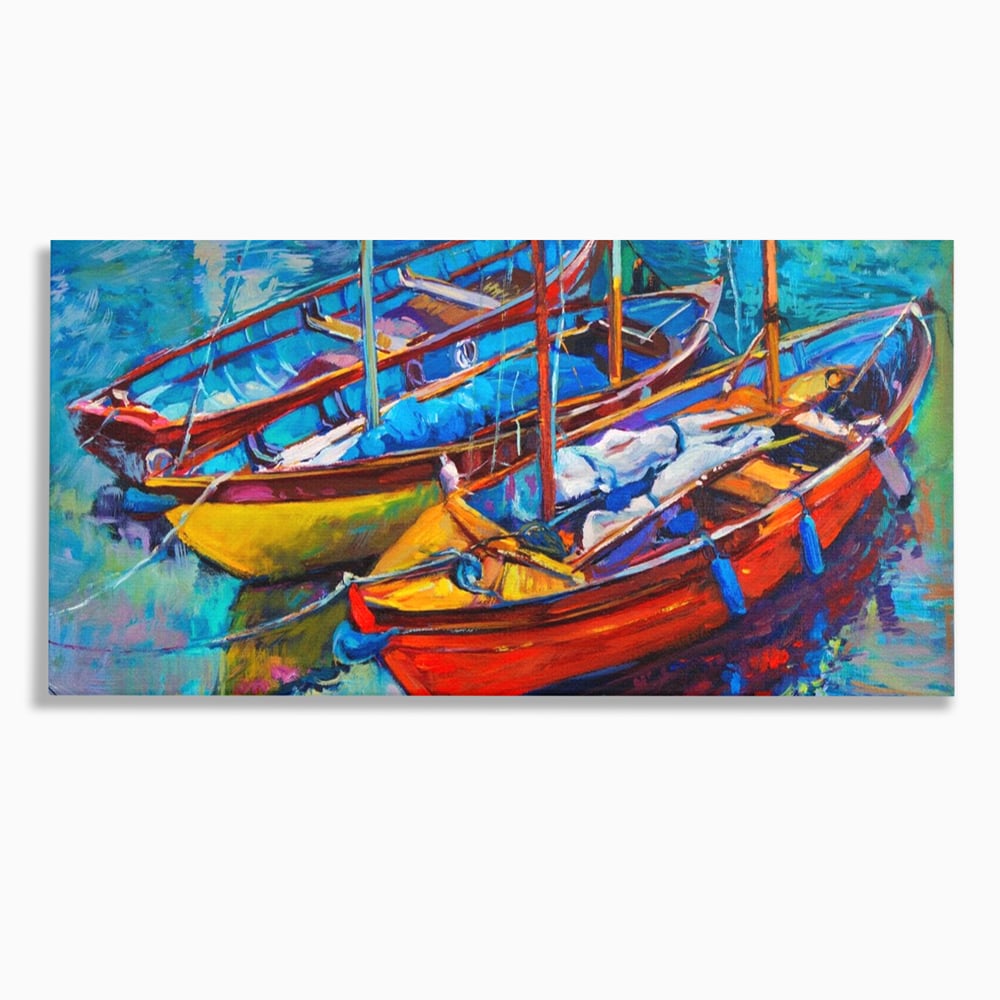 Leinwand Wandkunst Leinwand Wandkunst LuxCanva® A1245, 3 Boote , Dekorativ, Wohnen, Meer, Meer, Boot, Hafen, Schlafzimmer, Lebendige Farben