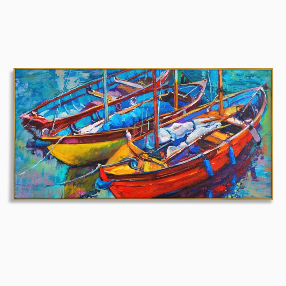 Leinwand Wandkunst Leinwand Wandkunst LuxCanva® A1245, 3 Boote , Dekorativ, Wohnen, Meer, Meer, Boot, Hafen, Schlafzimmer, Lebendige Farben