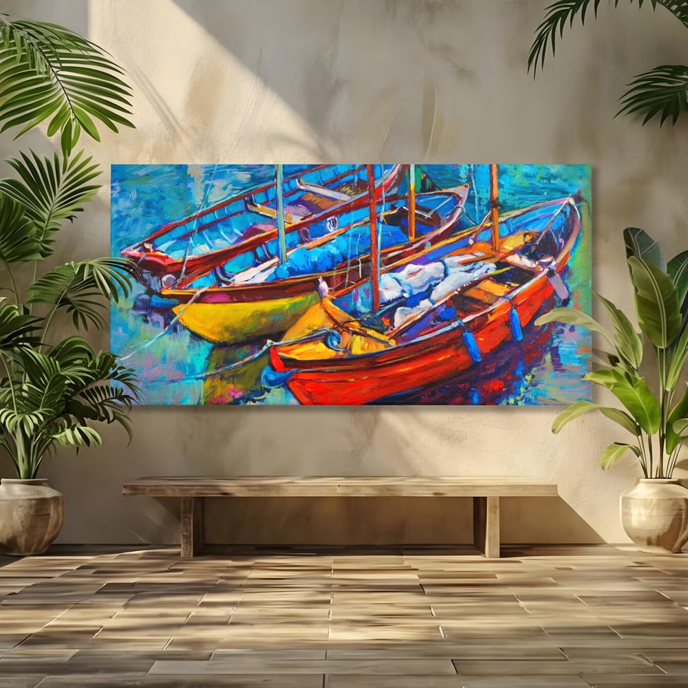 Leinwand Wandkunst Leinwand Wandkunst LuxCanva® A1245, 3 Boote , Dekorativ, Wohnen, Meer, Meer, Boot, Hafen, Schlafzimmer, Lebendige Farben