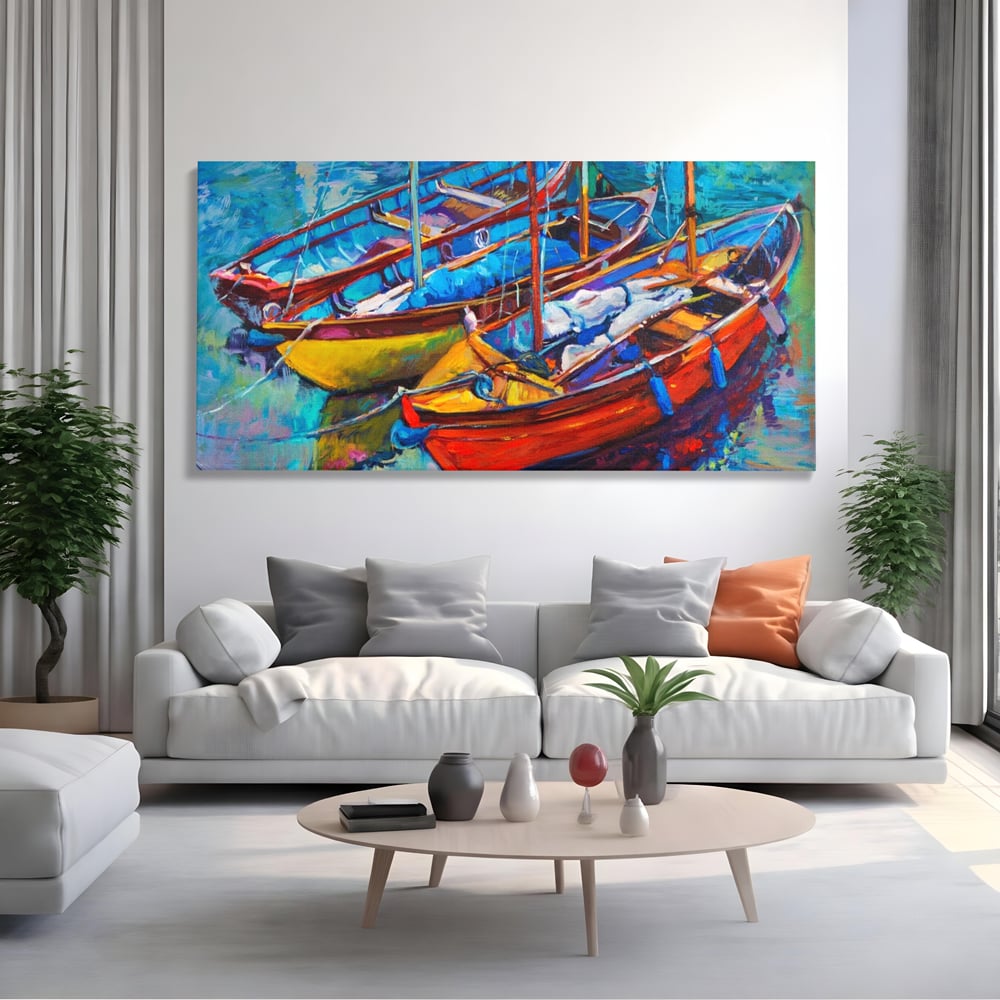 Leinwand Wandkunst Leinwand Wandkunst LuxCanva® A1245, 3 Boote , Dekorativ, Wohnen, Meer, Meer, Boot, Hafen, Schlafzimmer, Lebendige Farben