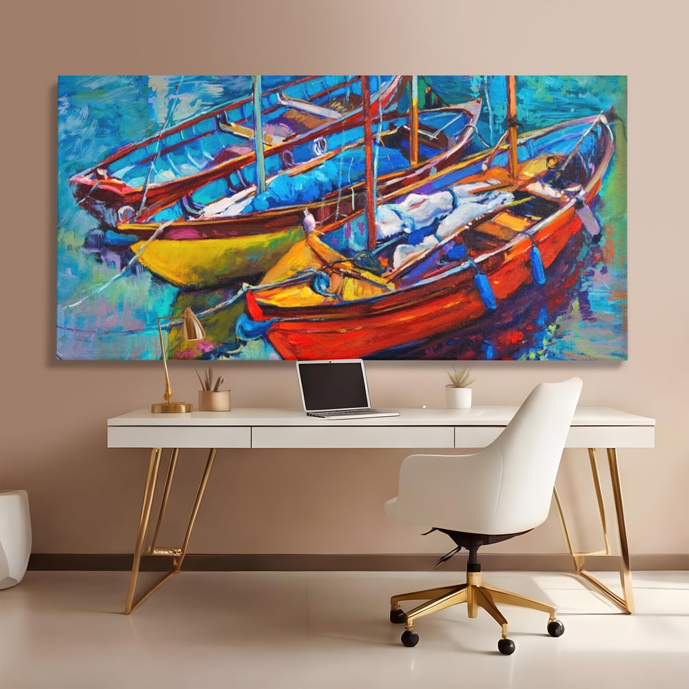 Leinwand Wandkunst Leinwand Wandkunst LuxCanva® A1245, 3 Boote , Dekorativ, Wohnen, Meer, Meer, Boot, Hafen, Schlafzimmer, Lebendige Farben