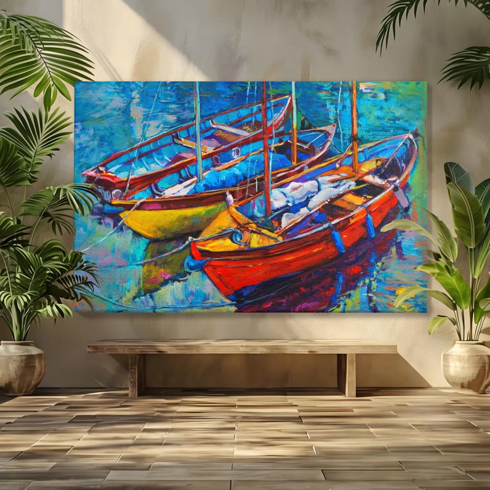 Leinwand Wandkunst Leinwand Wandkunst LuxCanva® A1245, 3 Boote , Dekorativ, Wohnen, Meer, Meer, Boot, Hafen, Schlafzimmer, Lebendige Farben