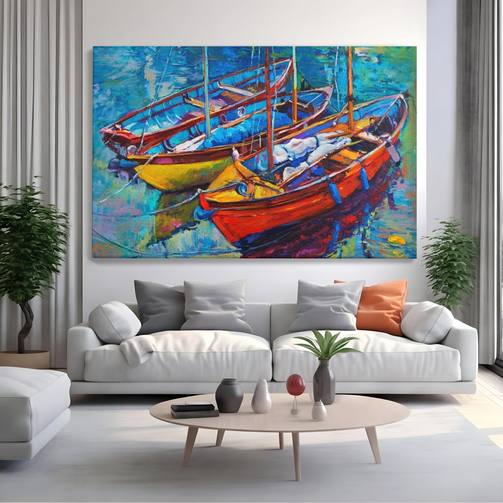 Leinwand Wandkunst Leinwand Wandkunst LuxCanva® A1245, 3 Boote , Dekorativ, Wohnen, Meer, Meer, Boot, Hafen, Schlafzimmer, Lebendige Farben
