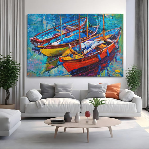 Leinwand Wandkunst Leinwand Wandkunst LuxCanva® A1245, 3 Boote , Dekorativ, Wohnen, Meer, Meer, Boot, Hafen, Schlafzimmer, Lebendige Farben