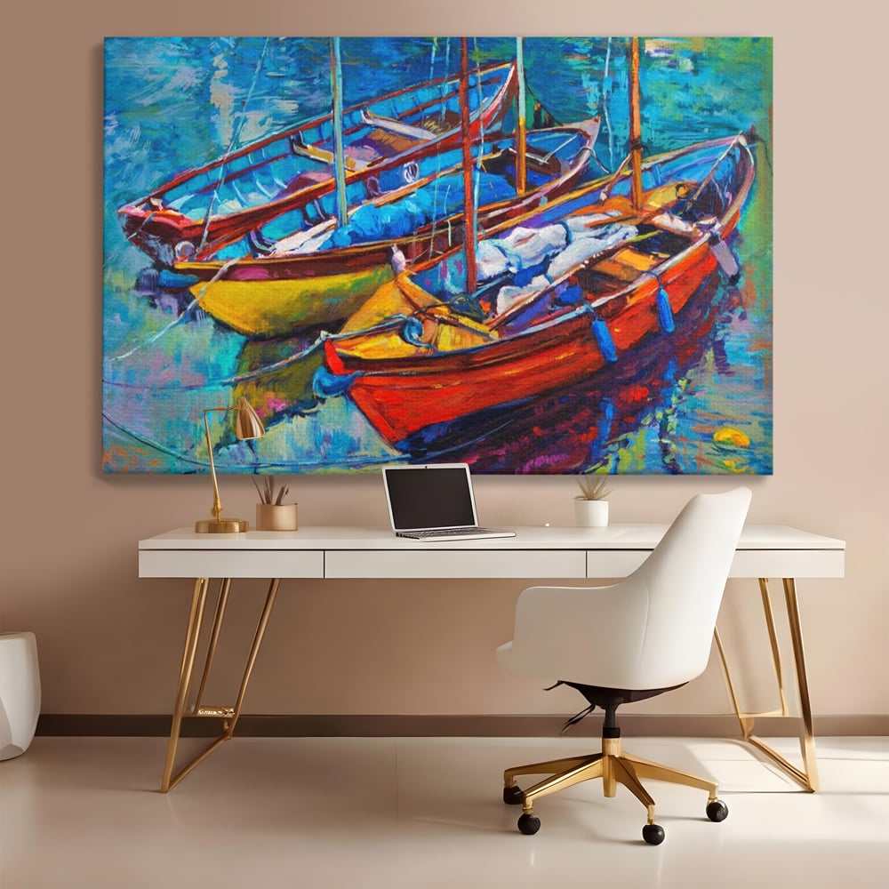Leinwand Wandkunst Leinwand Wandkunst LuxCanva® A1245, 3 Boote , Dekorativ, Wohnen, Meer, Meer, Boot, Hafen, Schlafzimmer, Lebendige Farben