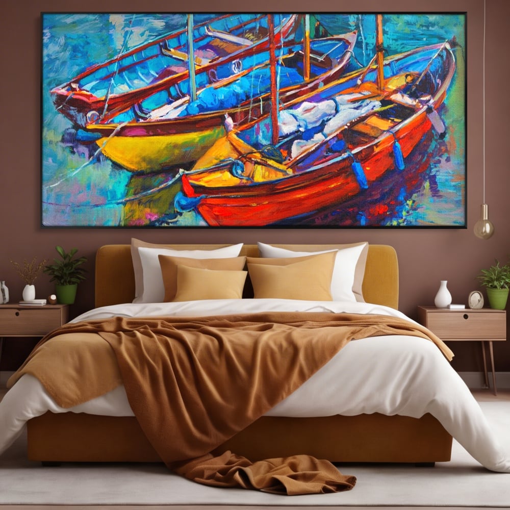Leinwand Wandkunst Leinwand Wandkunst LuxCanva® A1245, 3 Boote , Dekorativ, Wohnen, Meer, Meer, Boot, Hafen, Schlafzimmer, Lebendige Farben