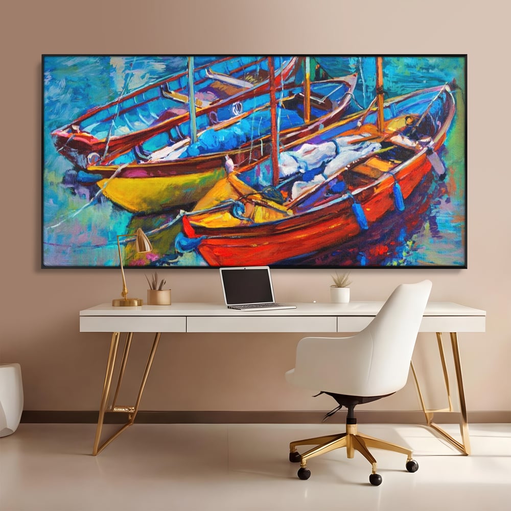 Leinwand Wandkunst Leinwand Wandkunst LuxCanva® A1245, 3 Boote , Dekorativ, Wohnen, Meer, Meer, Boot, Hafen, Schlafzimmer, Lebendige Farben