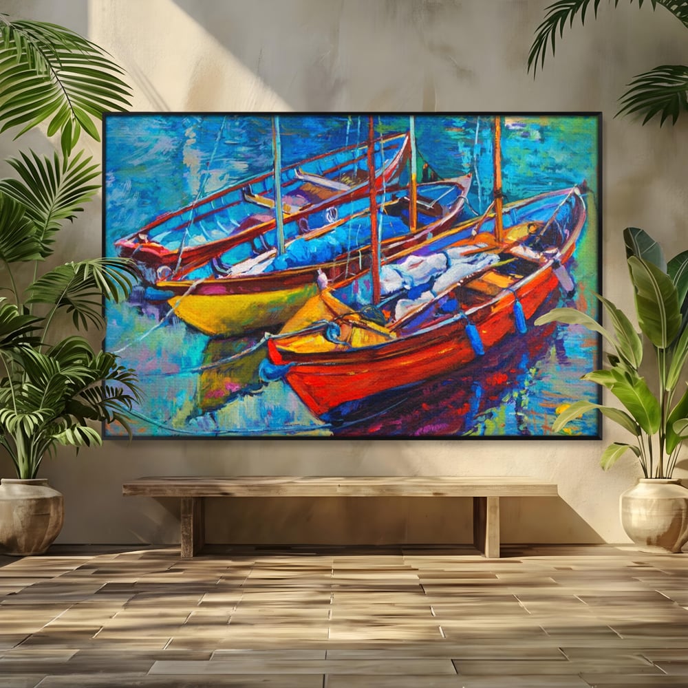 Leinwand Wandkunst Leinwand Wandkunst LuxCanva® A1245, 3 Boote , Dekorativ, Wohnen, Meer, Meer, Boot, Hafen, Schlafzimmer, Lebendige Farben