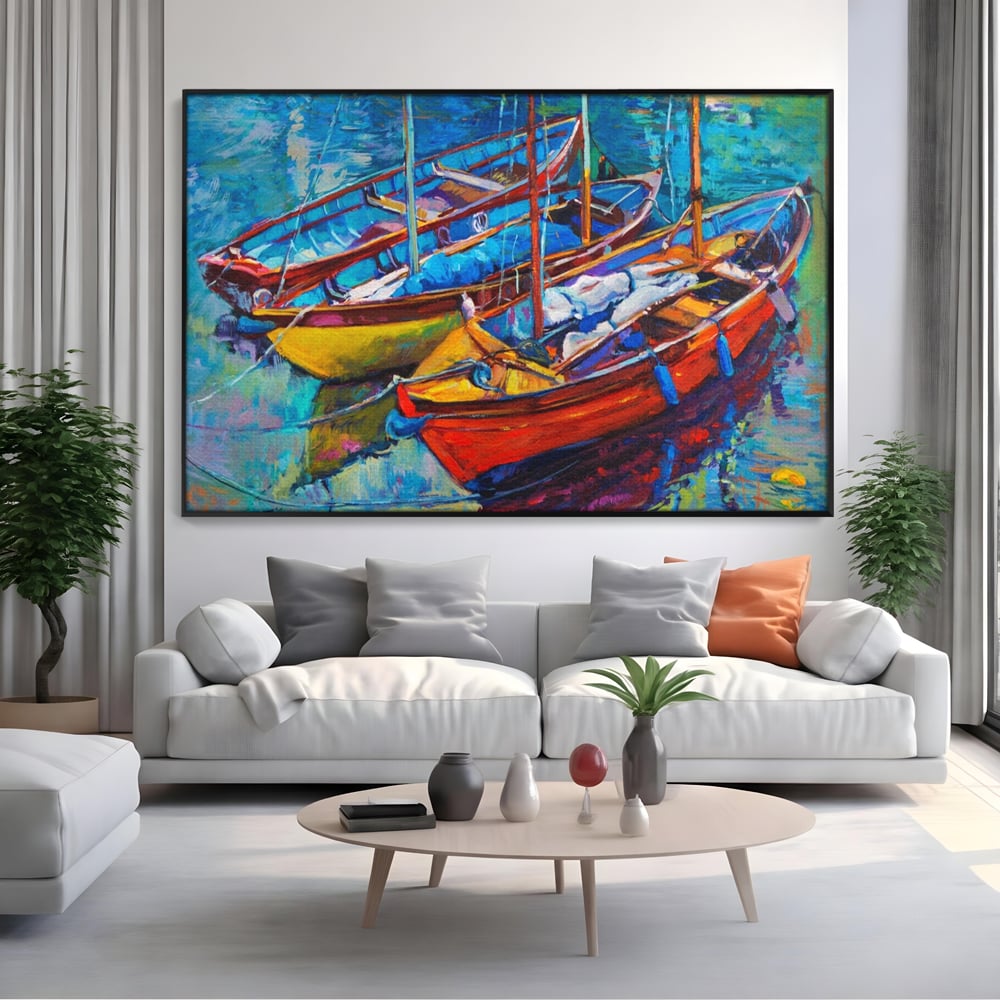 Leinwand Wandkunst Leinwand Wandkunst LuxCanva® A1245, 3 Boote , Dekorativ, Wohnen, Meer, Meer, Boot, Hafen, Schlafzimmer, Lebendige Farben