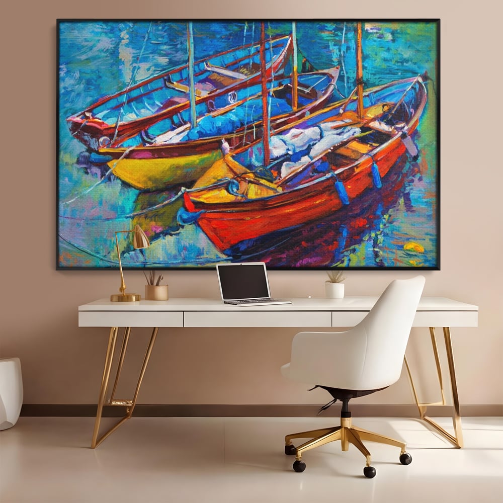 Leinwand Wandkunst Leinwand Wandkunst LuxCanva® A1245, 3 Boote , Dekorativ, Wohnen, Meer, Meer, Boot, Hafen, Schlafzimmer, Lebendige Farben