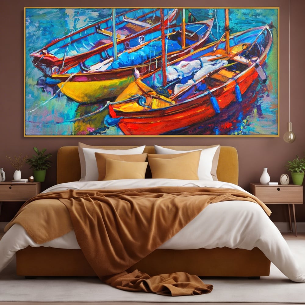 Leinwand Wandkunst Leinwand Wandkunst LuxCanva® A1245, 3 Boote , Dekorativ, Wohnen, Meer, Meer, Boot, Hafen, Schlafzimmer, Lebendige Farben