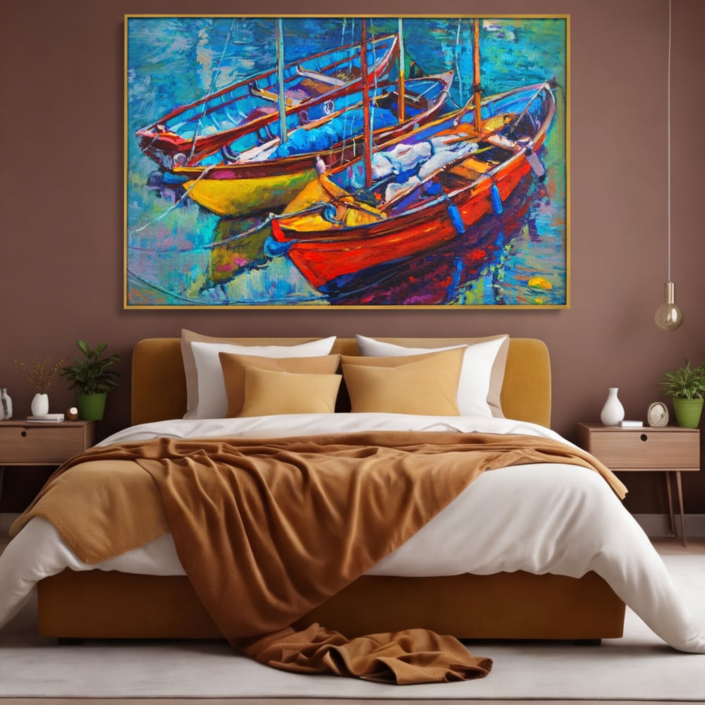Leinwand Wandkunst Leinwand Wandkunst LuxCanva® A1245, 3 Boote , Dekorativ, Wohnen, Meer, Meer, Boot, Hafen, Schlafzimmer, Lebendige Farben