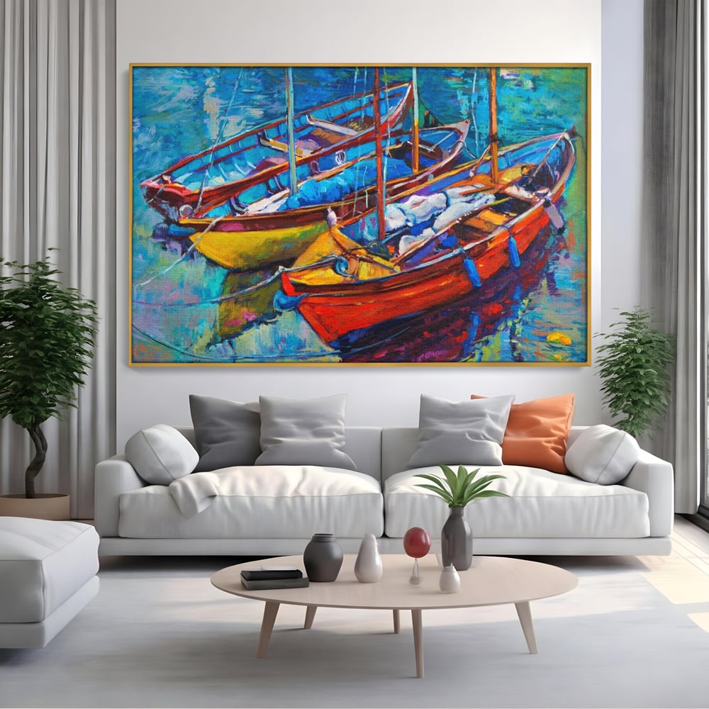 Leinwand Wandkunst Leinwand Wandkunst LuxCanva® A1245, 3 Boote , Dekorativ, Wohnen, Meer, Meer, Boot, Hafen, Schlafzimmer, Lebendige Farben