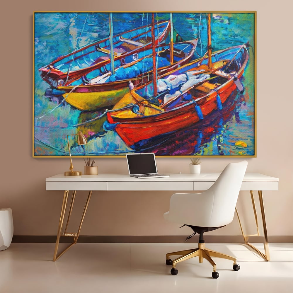 Leinwand Wandkunst Leinwand Wandkunst LuxCanva® A1245, 3 Boote , Dekorativ, Wohnen, Meer, Meer, Boot, Hafen, Schlafzimmer, Lebendige Farben