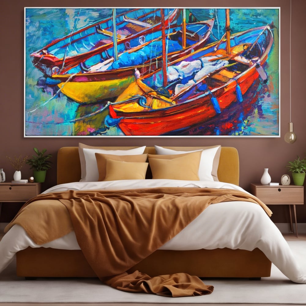 Leinwand Wandkunst Leinwand Wandkunst LuxCanva® A1245, 3 Boote , Dekorativ, Wohnen, Meer, Meer, Boot, Hafen, Schlafzimmer, Lebendige Farben