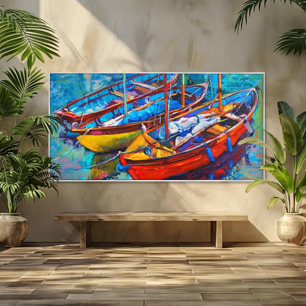 Leinwand Wandkunst Leinwand Wandkunst LuxCanva® A1245, 3 Boote , Dekorativ, Wohnen, Meer, Meer, Boot, Hafen, Schlafzimmer, Lebendige Farben