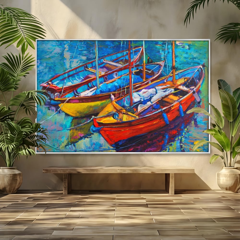 Leinwand Wandkunst Leinwand Wandkunst LuxCanva® A1245, 3 Boote , Dekorativ, Wohnen, Meer, Meer, Boot, Hafen, Schlafzimmer, Lebendige Farben