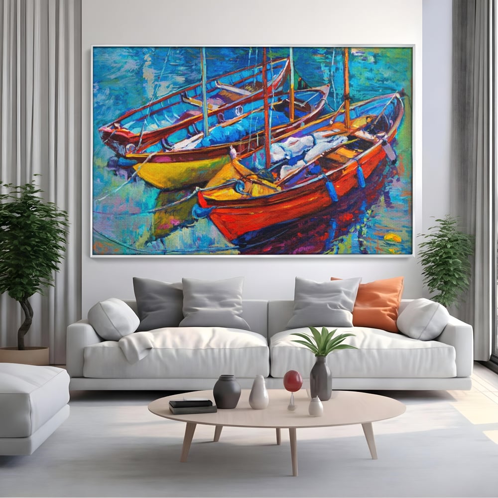 Leinwand Wandkunst Leinwand Wandkunst LuxCanva® A1245, 3 Boote , Dekorativ, Wohnen, Meer, Meer, Boot, Hafen, Schlafzimmer, Lebendige Farben