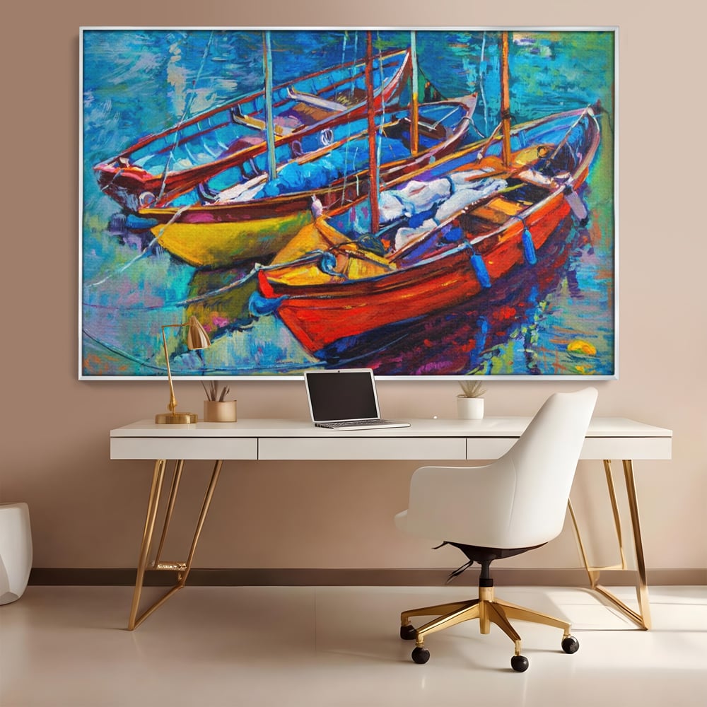 Leinwand Wandkunst Leinwand Wandkunst LuxCanva® A1245, 3 Boote , Dekorativ, Wohnen, Meer, Meer, Boot, Hafen, Schlafzimmer, Lebendige Farben